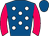 Royal blue, white spots, cerise sleeves, royal blue cap