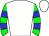 White, green and blue hooped sleeves, white cap