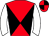 Red and black quartered diagonally, white sleeves, red and black quartered cap