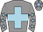 Grey, light blue cross, grey sleeves, grey sleeves, light blue stars, grey cap, baby blue star