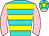 Turquoise and yellow hoops, pink sleeves, turquoise cap, yellow star, pink peak