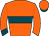 Orange, teal hoop and cuffs, orange sleeves and cap, teal peak