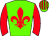 Dayglo green, red fleur de lys and sleeves, striped cap