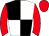 Black and white quartered, red sleeves and cap