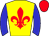 Yellow, red fleur de lys, blue sleeves, red cap