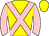 Yellow, pink crossed sashes and sleeves, yellow cap