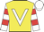 Yellow, white v bib, white and red hooped sleeves, white cap