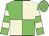Green body, beige quartered, green arms, beige hooped, green cap, beige diamonds