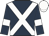 Dark blue, white cross sashes, dark blue sleeves, white armlets, white cap