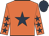 Orange, dark blue star, dark blue stars on sleeves, dark blue cap
