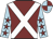 Maroon, white cross sashes, light blue sleeves, maroon stars, maroon & light blue quartered cap