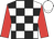 White and black checked, red sleeves, white cap