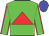 Green body, red triangle, green arms, red seams, blue cap