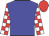 blue body, red and white checked sleeves, red cap
