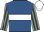 Royal blue, white hoop, grey and dark green striped sleeves, white cap