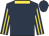 Dark blue, dark blue and gold striped sleeves, gold collar, dark blue cap