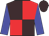 Brown and red quartered, blue sleeves, brown cap
