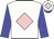 White, pink diamond, blue sleeves, white cap, pink diamond, blue peak