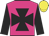 Magenta, black maltese cross, black sleeves, yellow cap