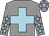 Grey, light blue cross, grey sleeves, grey sleeves, light blue stars, grey cap, baby blue star