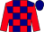 Navy blue, red checks, red sleeves, navy cap
