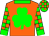 Orange, green shamrock, checked sleeves, green collar and cuffs, checked cap, green peak
