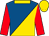 Royal blue and gold halved diagonally, red sleeves, collar and cap
