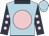 light blue, pink spot, dark blue sleeves, pink spots, dark blue collar