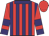 Red, purple stripes, red sleeves, purple armbands, collar and cuffs, red cap