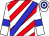 White and red diagonal stripes, blue sash, white sleeves, blue armlets, hooped cap