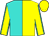 Turquoise and yellow halved, yellow sleeves,turquoise seams,  yellow cap