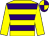 yellow and purple hoops, yellow sleeves, quartered cap, purple peak