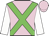 Cyclamen, spectrum green crossed sashes, white sleeves, cyclamen cap