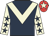 Dark blue, beige chevron, beige sleeves, dark blue stars, red cap, beige star