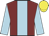 Maroon, light blue stripe and sleeves, yellow cap