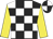 Black and white check, yellow sleeves, black and white quartered cap