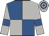 Royal blue and light grey quartered, light grey sleeves, royal blue armbands, hooped cap