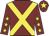 Maroon, yellow cross belts, maroon sleeves, yellow stars, maroon cap, yellow star