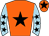 Orange, black star, light blue sleeves, black stars, orange cap, black star