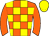 Orange and yellow check, orange sleeves, yellow cap