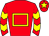 Red, yellow hollow box, chevrons on sleeves, red cap, yellow star