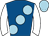 Royal blue, large light blue spots, white sleeves, light blue cap