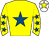 Yellow, royal blue star, yellow sleeves, royal blue stars, white cap, yellow star