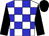 white and blue check, black sleeves and cap