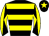 Black, yellow hoops, yellow and black diabolo on sleeves, black cap, yellow star