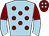 Light blue, maroon spots, maroon and light blue halved sleeves, maroon cap, light blue spots