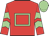 Red, light green hollow box, light green chevrons on sleeves, light green cap