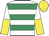 White & emerald green hoops, yellow & white halved sleeves, yellow cap