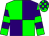 Green, purple quartered, green arms, purple hooped, green cap, purple checked