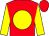 Red body, yellow disc, yellow arms, red cap